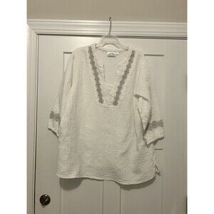 National White Embroidered Cotton  Tunic Plus Size 3X Modest Summer 3/4 Sleeve